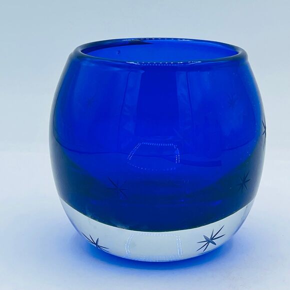 Cobalt Blue Starburst Etched Stars Glittery Glass Votive Candle Holder Poland - Picture 1 of 12